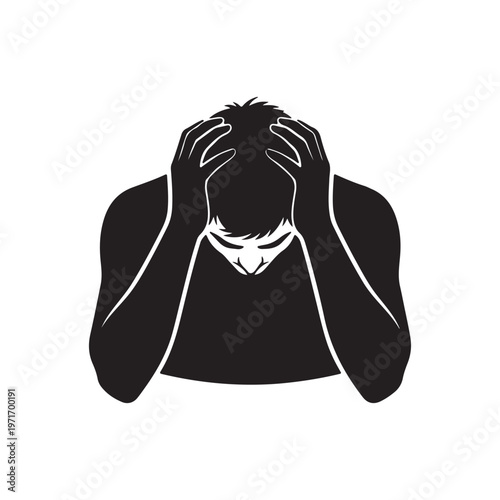 Silhouette of a person holding their head in despair representing stress and mental health struggles isolated on a white background