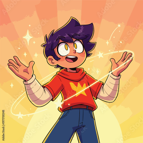 Young boy with star motif in red shirt and blue pants under radiant sunburst