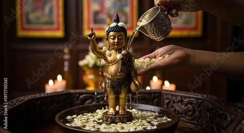 The ritual bathing of a small statue of the baby Buddha with scented water.