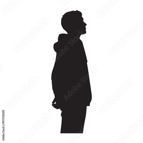 Silhouette of a young man in profile wearing a hoodie isolated on white background representing youth and casual style