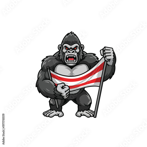 Aggressive Gorilla Holding Red and White Flag