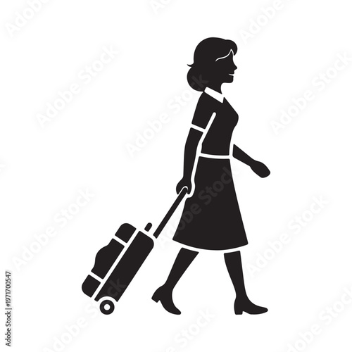 Silhouette of a woman walking with a rolling suitcase simple flat vector icon for travel and tourism concepts isolated on white