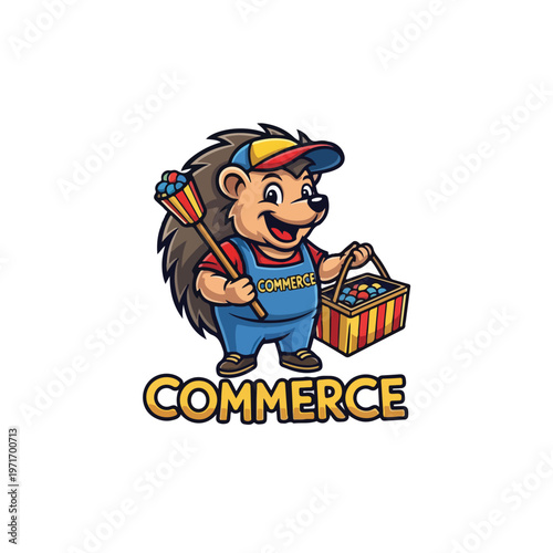 Hedgehog mascot dressed in blue overalls selling merchandise with basket and flag
