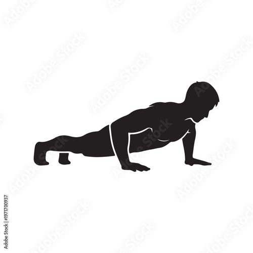 Silhouette of a man doing a push-up representing fitness and exercise isolated on a white background for graphic design