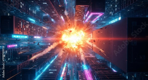 Futuristic cyberpunk city explosion with neon lights at night