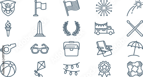 Set of linear icons featuring patriotic symbols and summer holiday elements for celebrating American independence day events