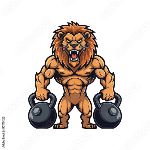 Muscular Lion with Kettlebells for strength training