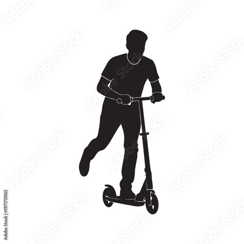 Silhouette of a person riding a kick scooter dynamic vector illustration for urban mobility and active lifestyle concepts isolated on white