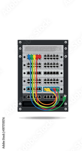 Network Switch with Colored Ethernet Cables.