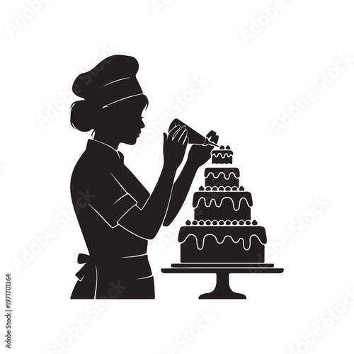 Silhouette of a baker decorating a tiered cake with frosting a professional culinary illustration for bakery and celebration themes
