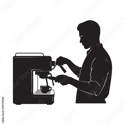 Silhouette of a man making espresso with a modern coffee machine simple vector illustration for cafe or beverage concepts isolated on white