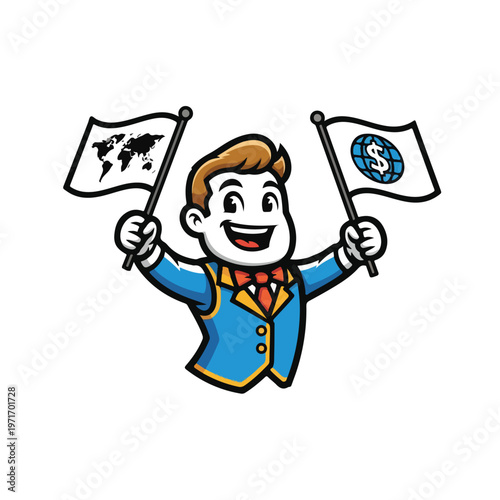 Cheerful Mascot holding World map flag and Dollar flag
