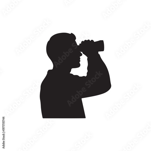 Silhouette of a man looking through binoculars representing exploration and discovery isolated on a white background for concept use