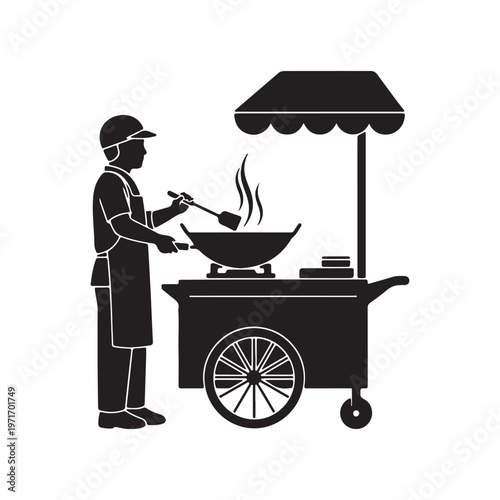 Street food vendor cooking in a wok at a mobile cart simple black and white illustration for culinary business and restaurant concepts