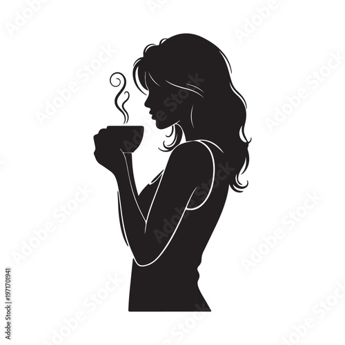 Silhouette of a woman enjoying a hot beverage steam rising from a cup perfect for cafe branding and lifestyle concepts isolated on white