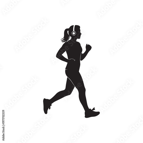 Silhouette of a woman running with headphones representing fitness and active lifestyle perfect for health and wellness concepts