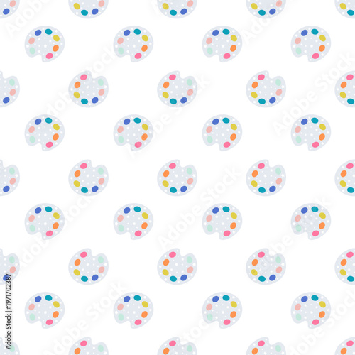 Seamless pattern of colorful artist palettes with blobs of paint on a transparent background