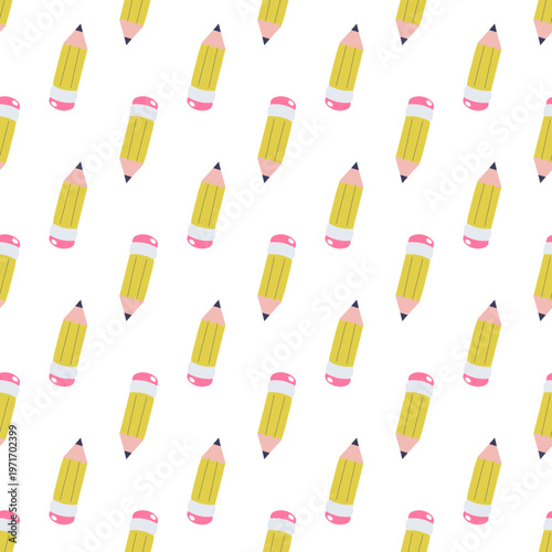 Seamless pattern of yellow pencils with pink erasers on a white background