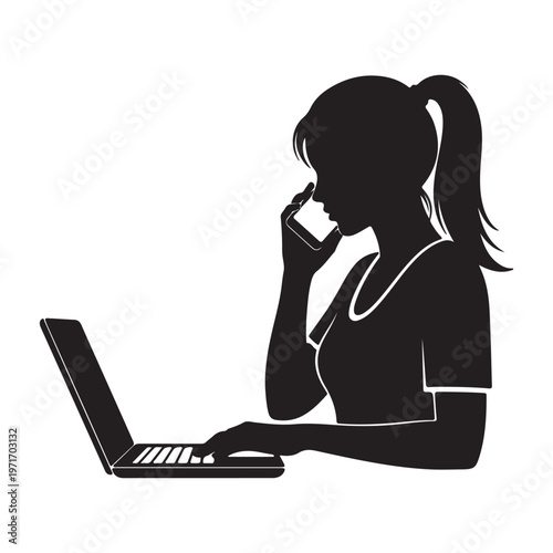 Silhouette of a woman talking on the phone and typing on a laptop representing multitasking and remote work isolated on white background