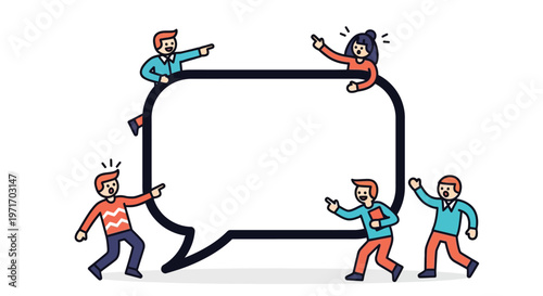 Colorful vector illustration of people interacting with a large speech bubble design element