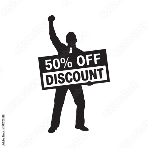Silhouette of a businessman holding a 50 off discount sign celebrating a successful sale or promotion isolated on white
