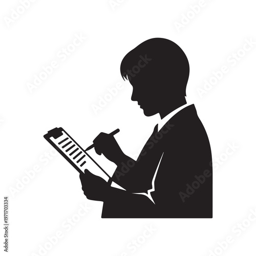 Silhouette of a person in a suit writing on a clipboard representing business planning or data entry isolated on a white background
