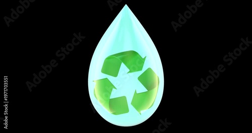 Water drop with recycling symbol, rotation animation seamlessly loopable. 3D rendering isolated on transparent background