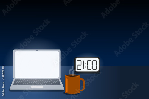 Night workspace with laptop, coffee and clock – productivity and late work concept