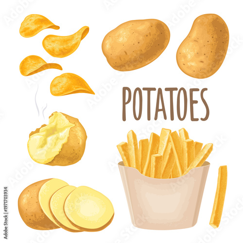 French fry stick potato in paper box and chips. Vector color realistic illustration. Isolated on dark background.