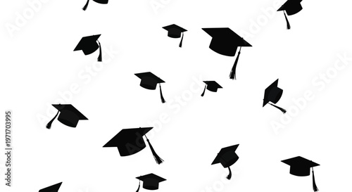 Multiple graduation caps flying in the air on a white background in a vector illustration