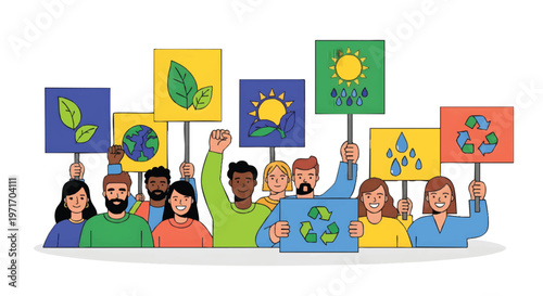 Diverse group of people holding eco friendly signs and symbols