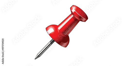 Red push pin illustration with shiny surface and metal point on white background
