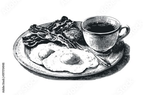 Traditional breakfast plate with fried eggs, crispy bacon, bread, and coffee in vintage engraving style on white background, concept of morning meal