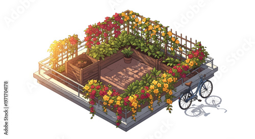 rooftop garden with bicycle and flowers