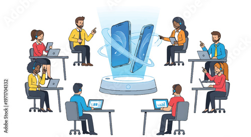 People working around a large ice cube with laptops teamwork concept