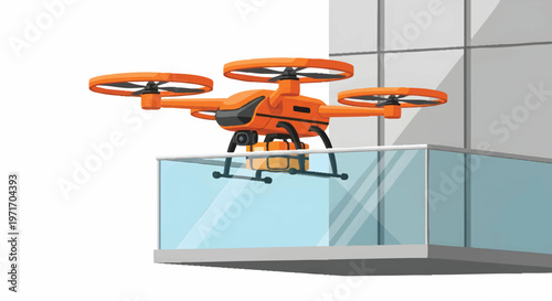 orange drone on glass balcony of modern building corner