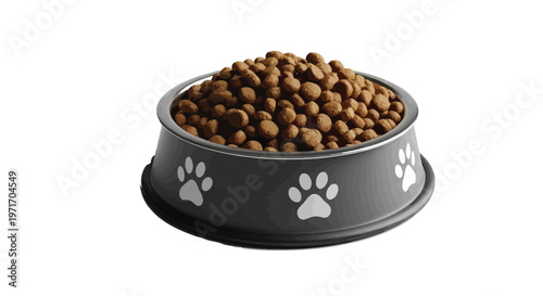 Dog food bowl filled with brown kibble on a white background with paw prints