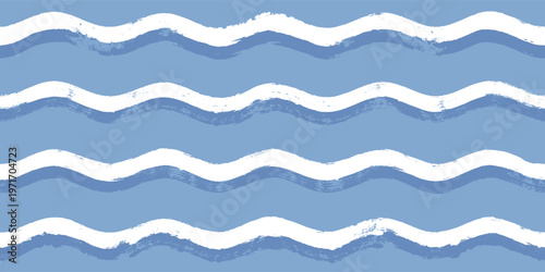 Seamless Wave Pattern, Hand drawn watercolor sea vector background. Wavy beach print, curly grunge paint  water lines.
