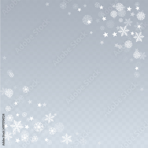 Christmas snow vector background. Falling snowflakes transparent decoration. New Year Holidays greeting card backdrop.