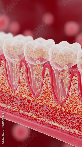 Educational illustration of baby teeth erupting through infant gums
