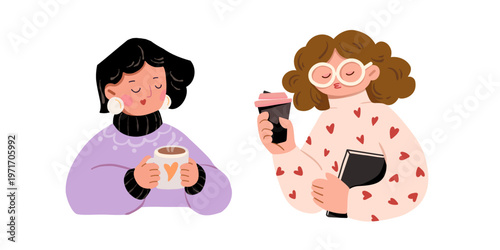 Coffee lover women, bookish girl and café girl, cute vector illustration