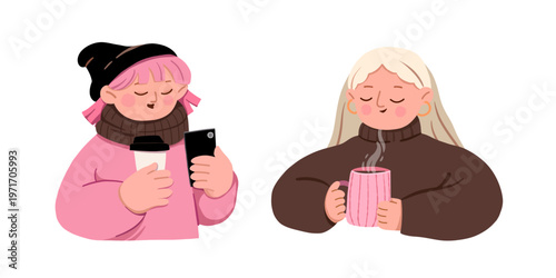 Women with coffee, cozy winter morning, cute cartoon girls illustration