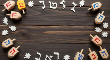 hanukkah celebration with wooden dreidels and candles