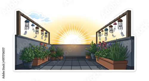 Sunrise on a rooftop garden with potted plants and flowers