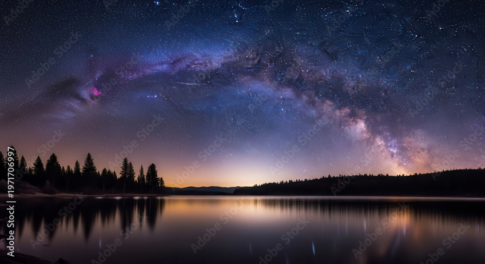 Fototapeta premium starry night sky over serene lake reflection