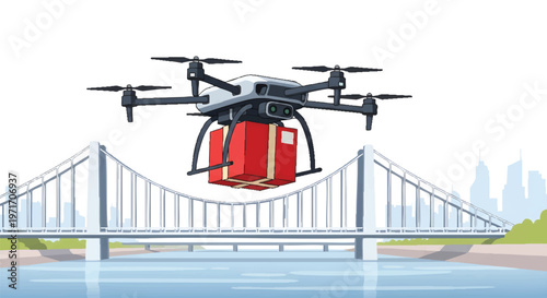Drone delivering package over bridge with cityscape background