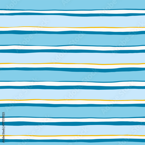 Stripes seamless pattern. Blue and yellow lines print. Watercolor sea stripes hand drown background