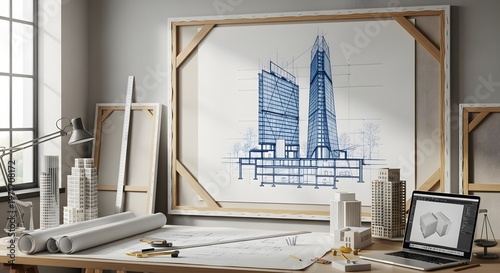 Professional Architect Studio Workspace with Blueprint and Digital Sketch
