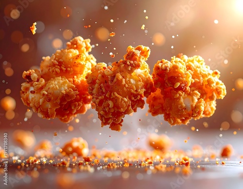Delicious Crispy Fried Chicken Pieces Floating in Mid-Air.