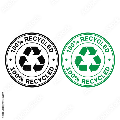 100 Percent Recycled Badge Round Stamp Vector Icon Set